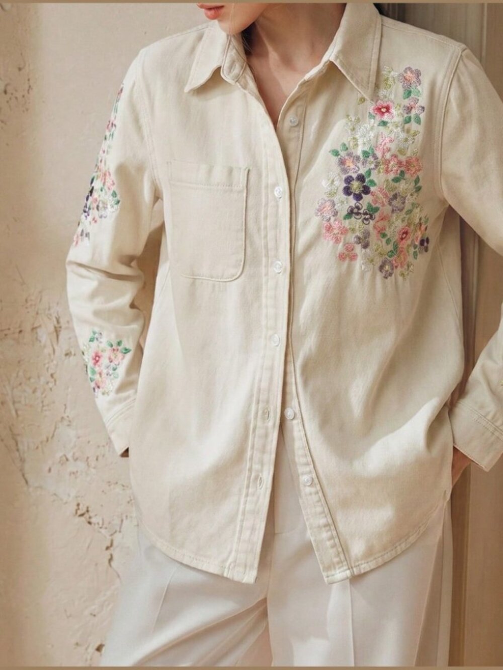 Cream Denim Shirt with Floral Embroidery Detail